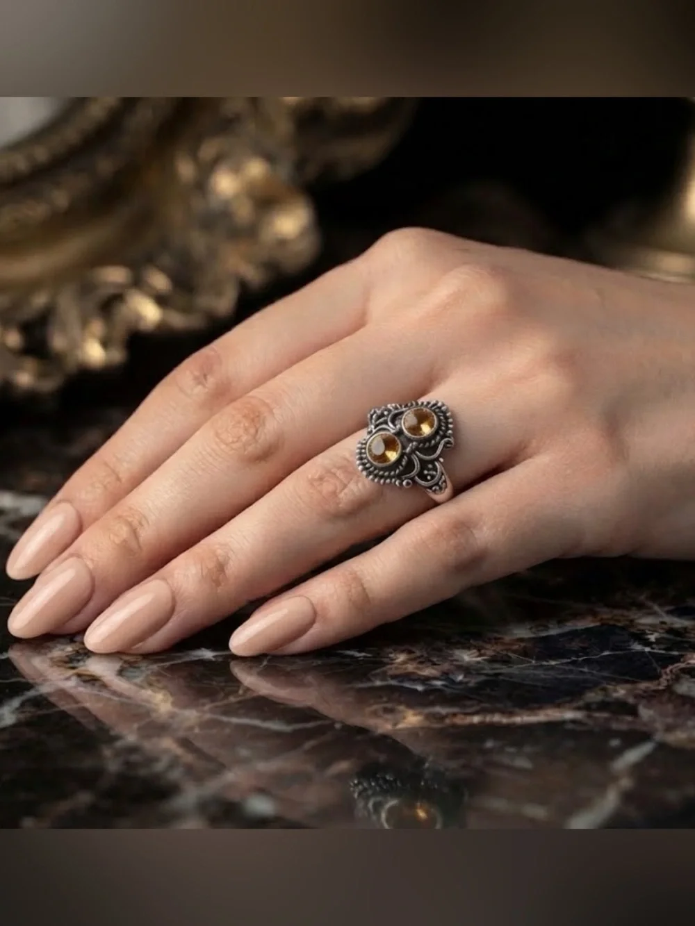 925 Sterling Silver Double Citrine Statement Ring